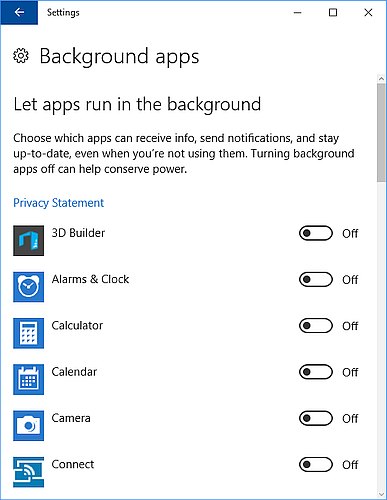 Background apps settings in Windows 10