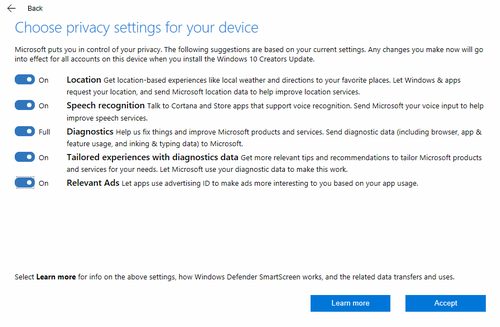 Creators Update privacy choices, Windows 10