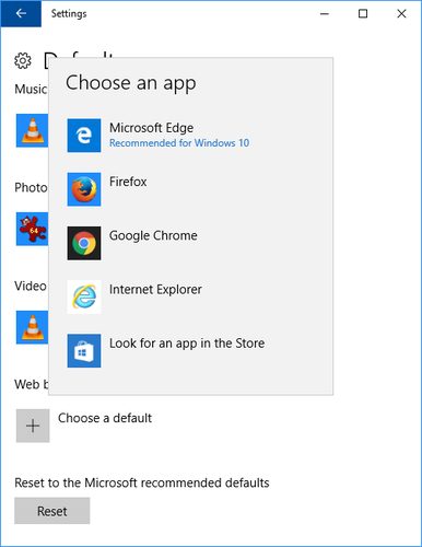 Default browser settings in Windows 10